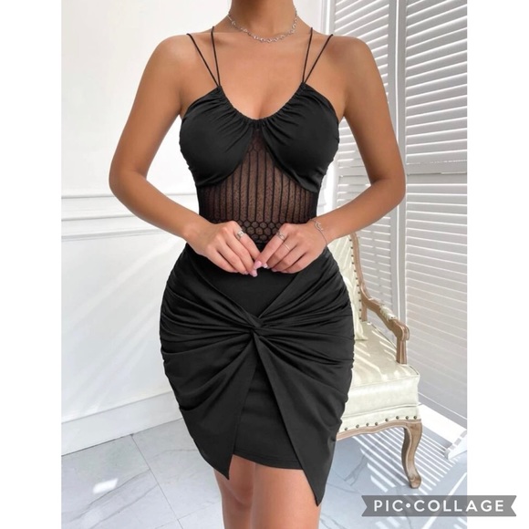 Black Evening Gala Party Criss Cross Sheer Dress Size Large - Picture 3 of 7